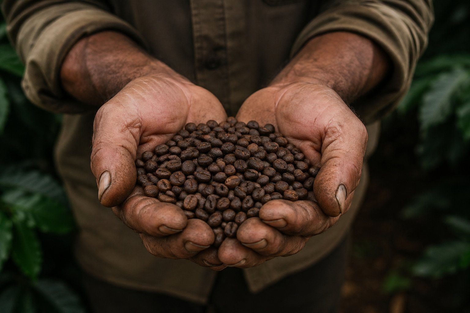A farmer's cupped hands holding coffee beans